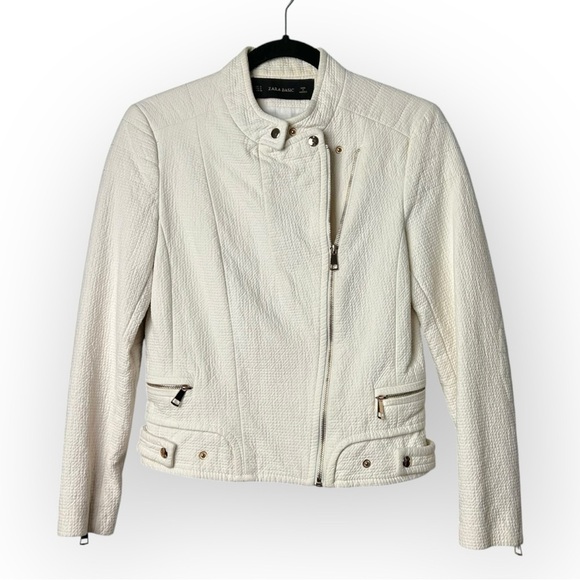 Zara Off White Asymmetrical Zipper Moto Jacket M - Picture 1 of 5